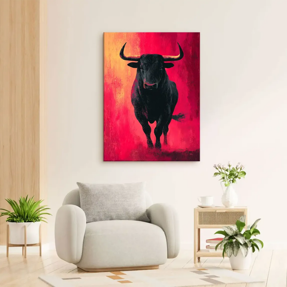 Bold red-orange background with a central black bull in a contemporary painting
