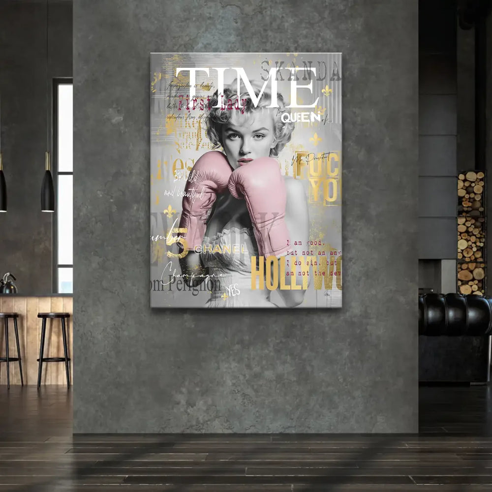 Gold fleur-de-lis accents and bold TIME, QUEEN, CHANEL text on distressed grey background
