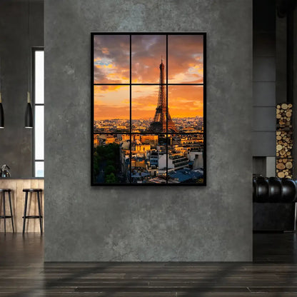 Eiffel Tower centered in a dramatic dusk sky over the Paris cityscape.