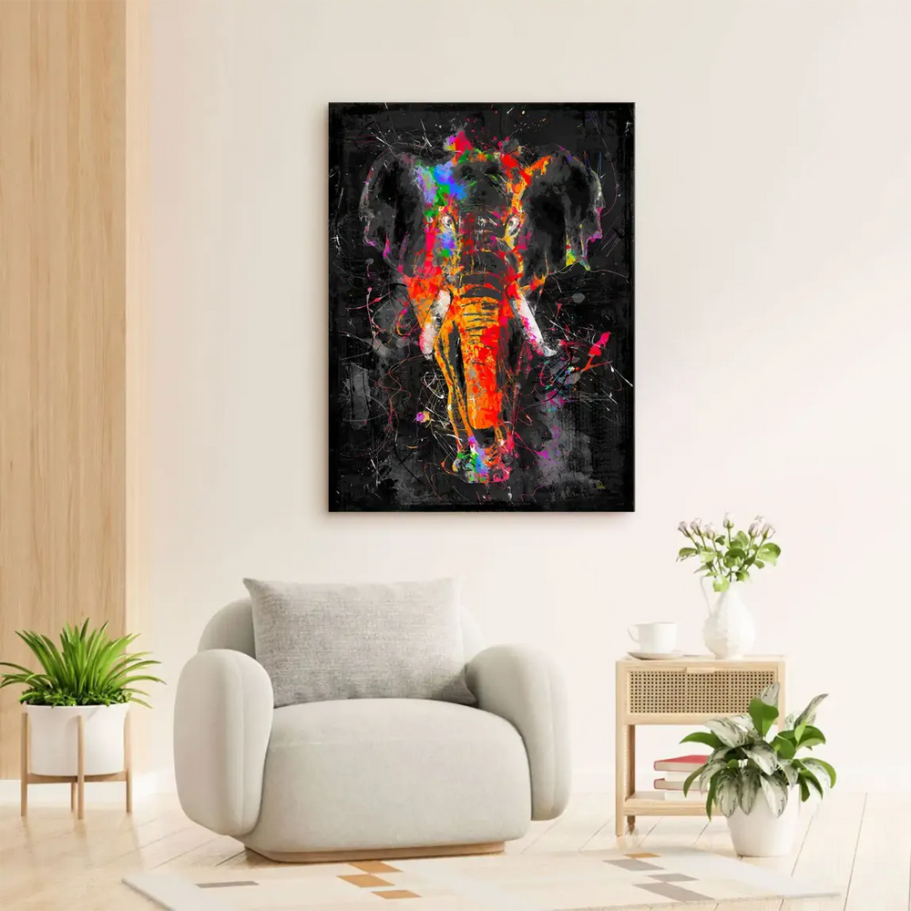 Vivid orange, red, blue, green and purple elephant canvas piece with energetic splatters.