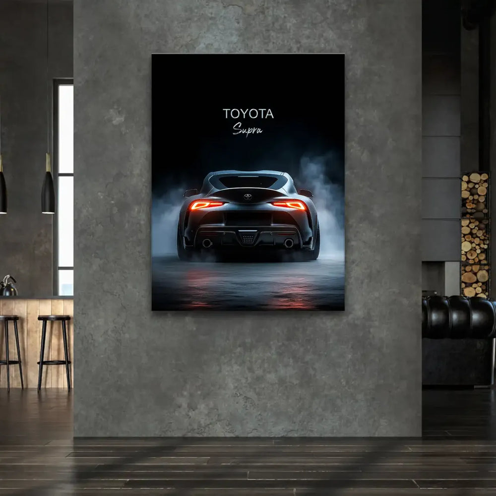 Sleek black Toyota Supra wall art with TOYOTA Supra lettering on a canvas