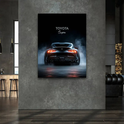 Sleek black Toyota Supra wall art with TOYOTA Supra lettering on a canvas