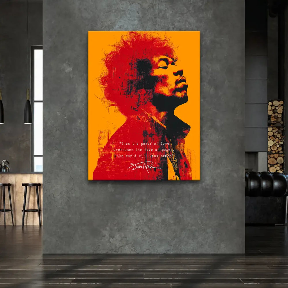 Close-up of red and black Hendrix figure within a bold vintage pop art composition