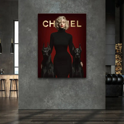 Close-up of glamorous figure with red lips in a red CHANEL canvas art