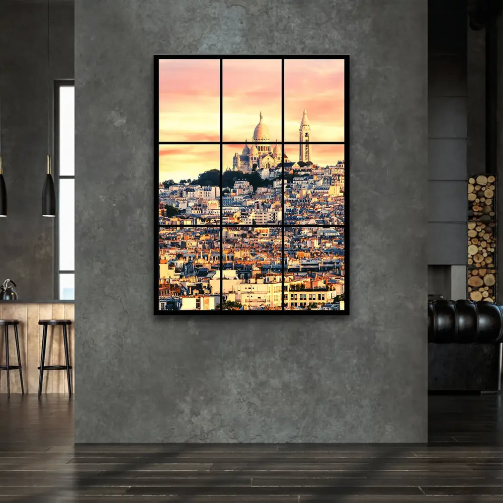 Paris skyline seen through a multi-paned window motif