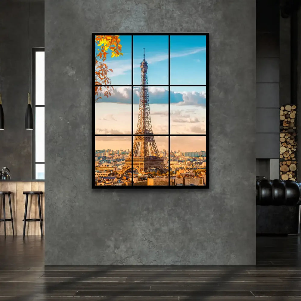 Window-framed view of Paris with autumn foliage and distant rooftops in warm, morning colors.