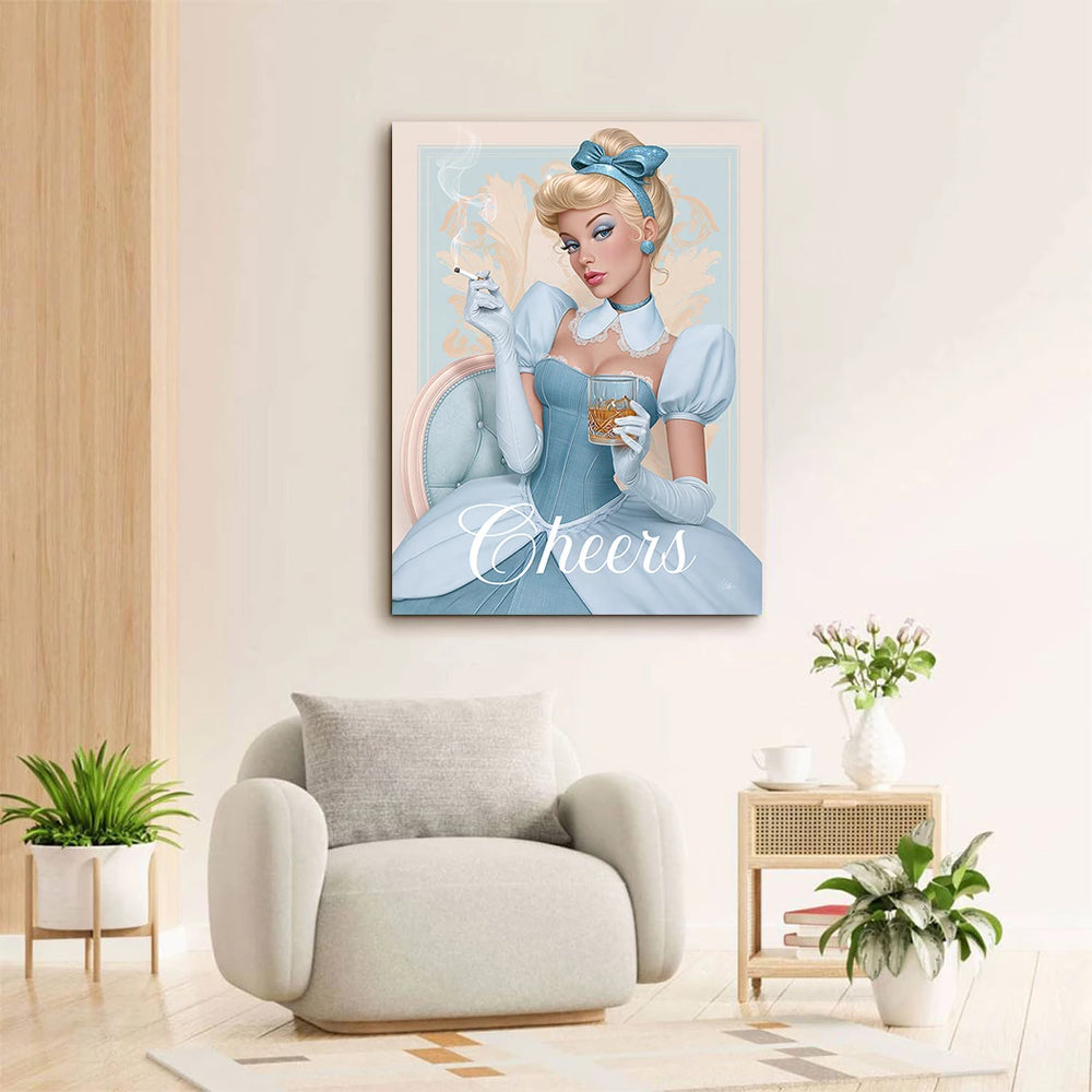 Side-profile representation of a fashion-forward woman in a 1950s-inspired pin-up look against a pale cream background.