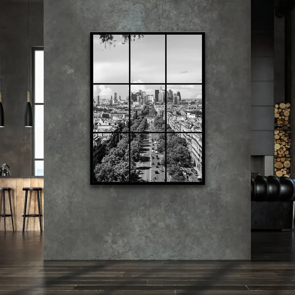 Monochrome cityscape highlighting contrast between classic buildings and modern skyscrapers
