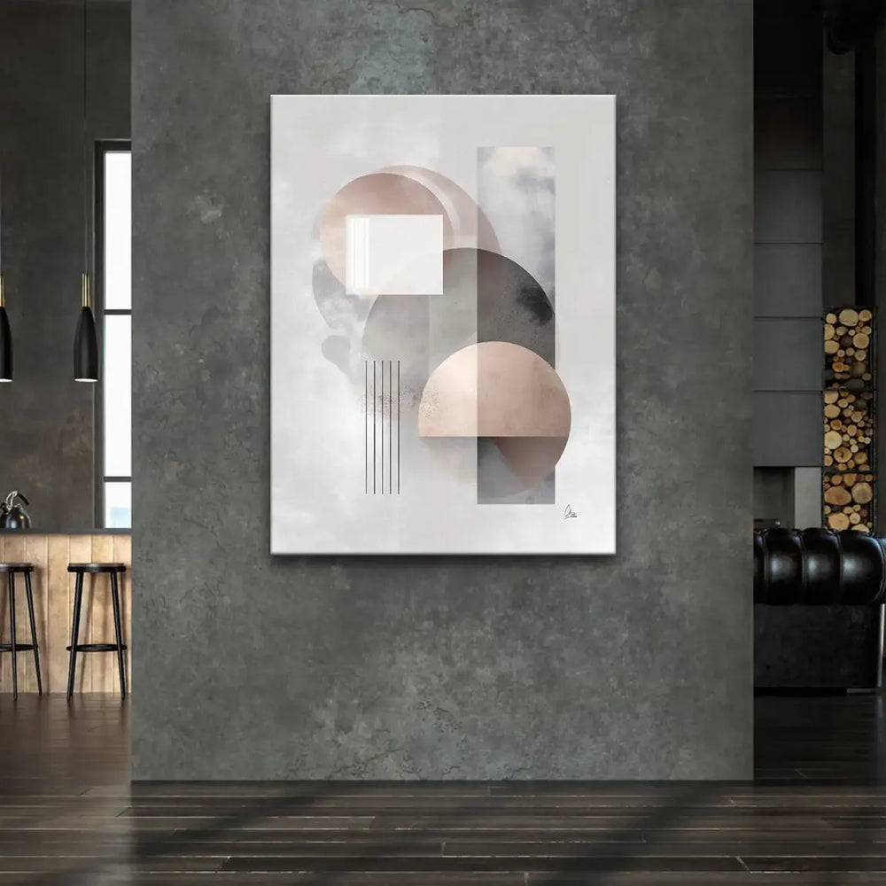 Close-up of muted geometric shapes on canvas forming a serene, minimalist abstract design