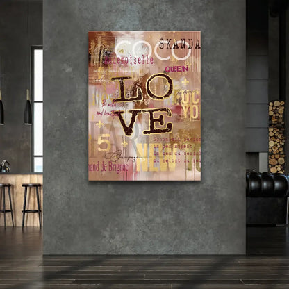 Layered mixed-media collage with fashion-inspired typography on a taupe and blush background