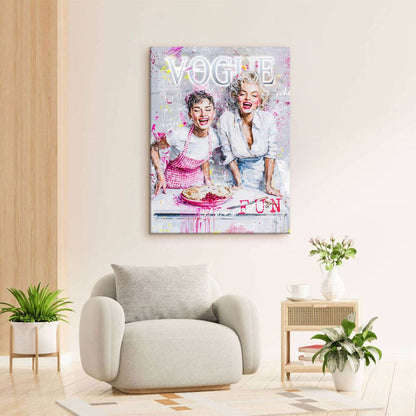 Playful scene of baking and laughter on a glamorous wall art piece