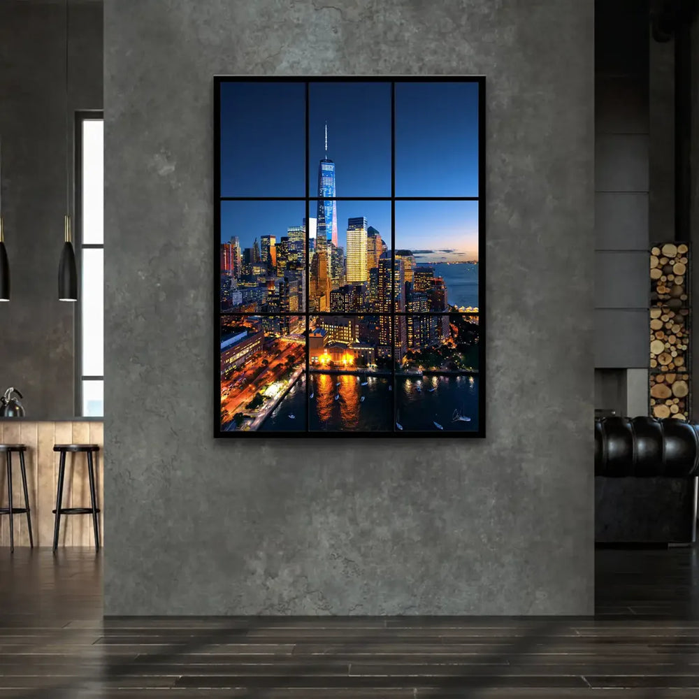 Bold black window grid frames the urban panorama, adding an architectural perspective.