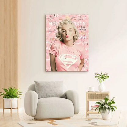 Close-up of Marilyn's platinum blonde hair and green eyeshadow on the canvas