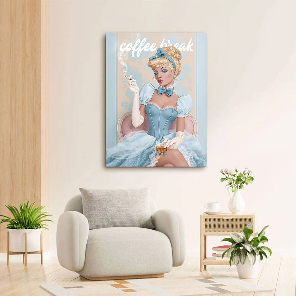 Vintage-style wall art featuring a stylish woman holding a drink in a pin-up pose.