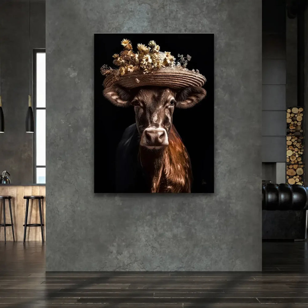 Close-up of straw hat and creamy-yellow flower accents on cow's head