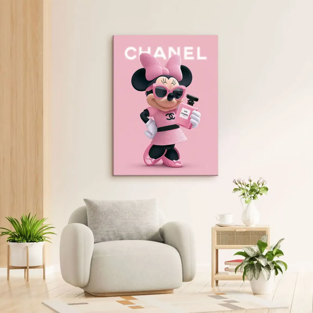 Minnie-inspired character holding a pink Chanel No. 5 perfume bottle in a chic pop-art composition.