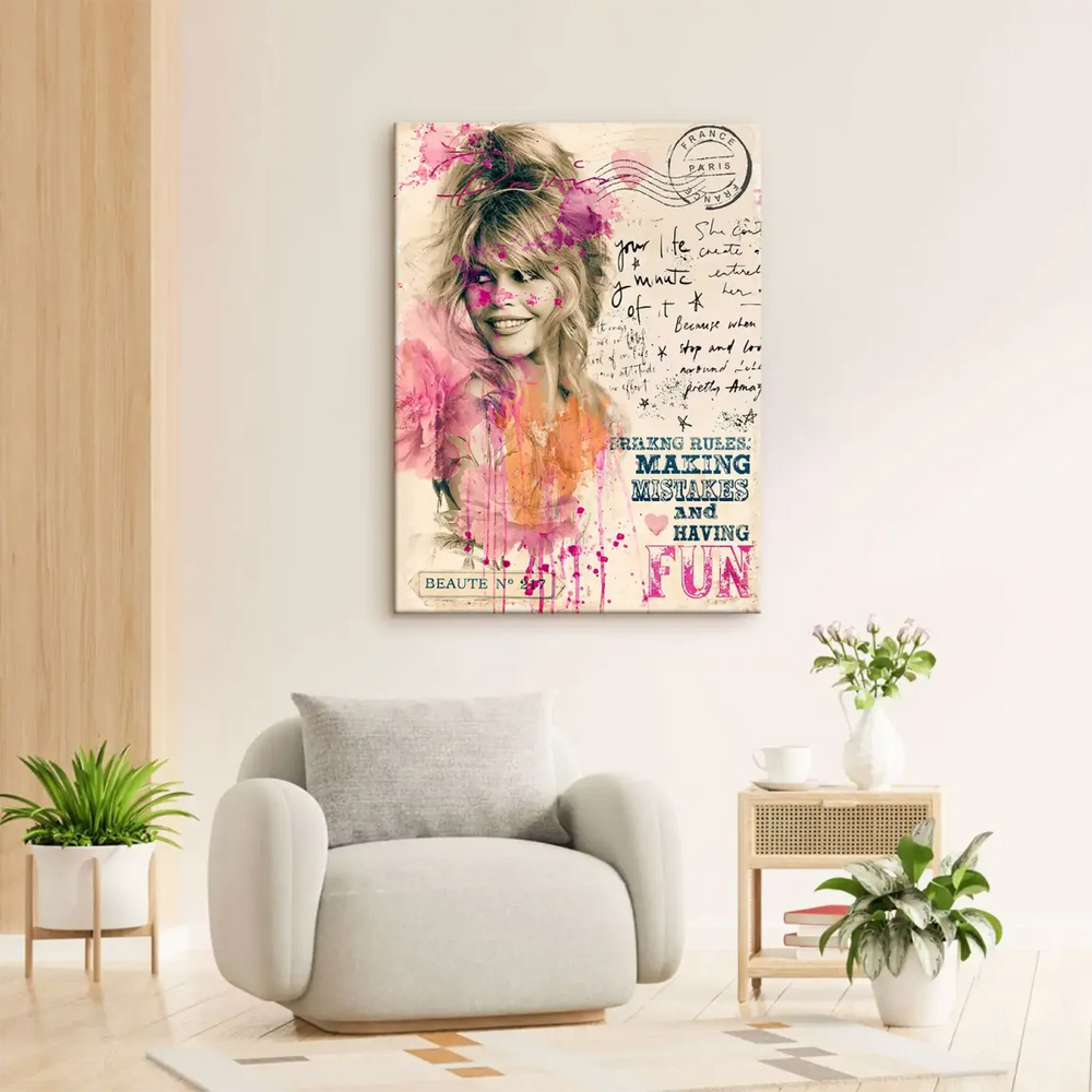 Sepia-toned Bardot portrait overlaid with floral illustrations on canvas