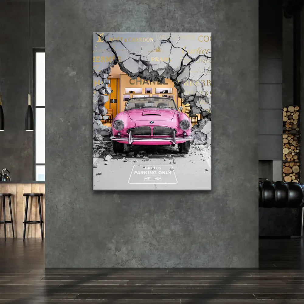 Coco Rebel Canvas Wall Art features bold pop art style, pink car, luxury logos including Moët & Chandon, Cartier, Prada, Hermès