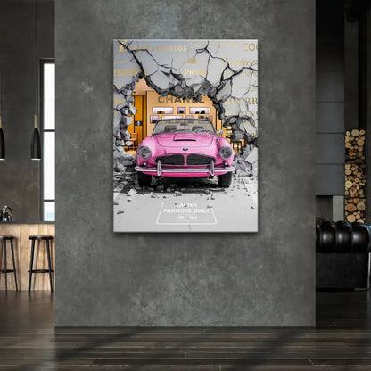 Coco Rebel Canvas Wall Art features bold pop art style, pink car, luxury logos including Moët & Chandon, Cartier, Prada, Hermès
