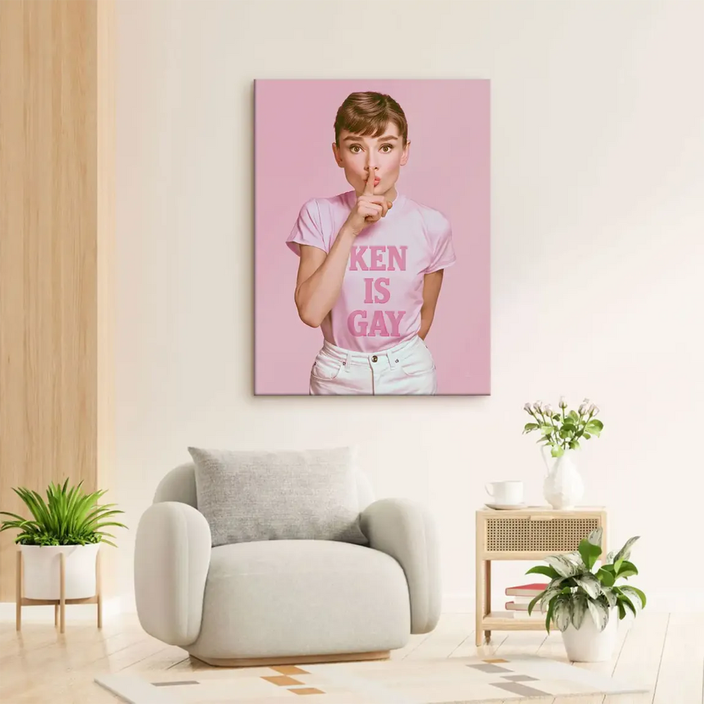 Pop art portrait of Audrey Hepburn in a shushing pose on a pink monochrome background