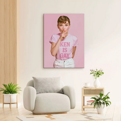 Pop art portrait of Audrey Hepburn in a shushing pose on a pink monochrome background