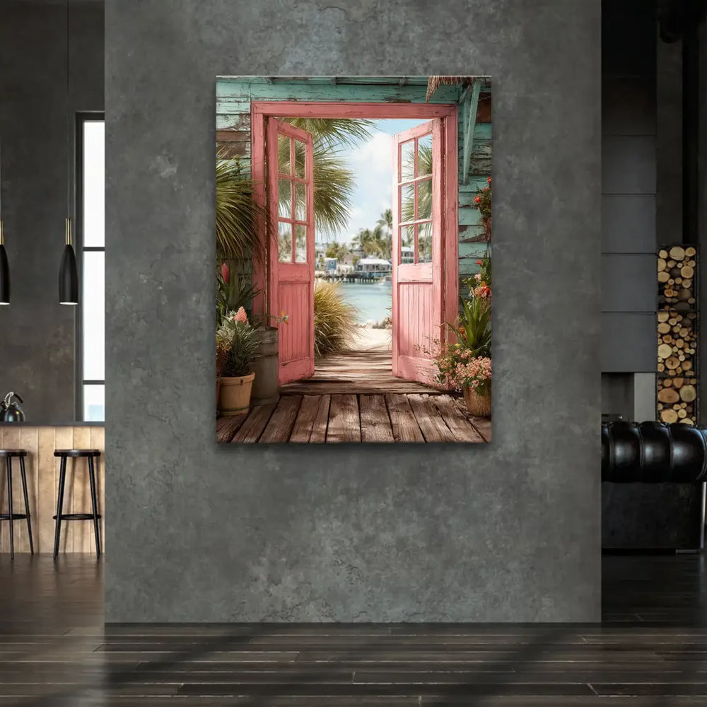 Turquoise water and sunlit wooden deck visible through the doorway in Coastal Escape.