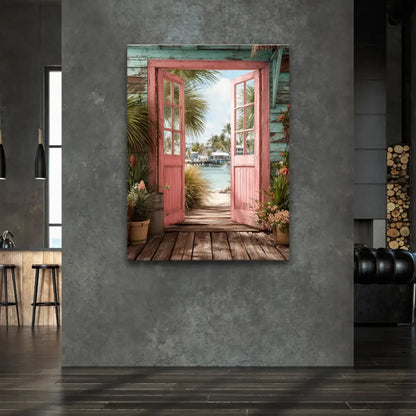 Turquoise water and sunlit wooden deck visible through the doorway in Coastal Escape.