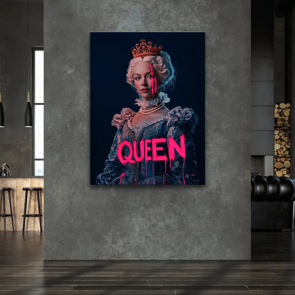 Close-up of regal queen portrait with neon pink graffiti on the face