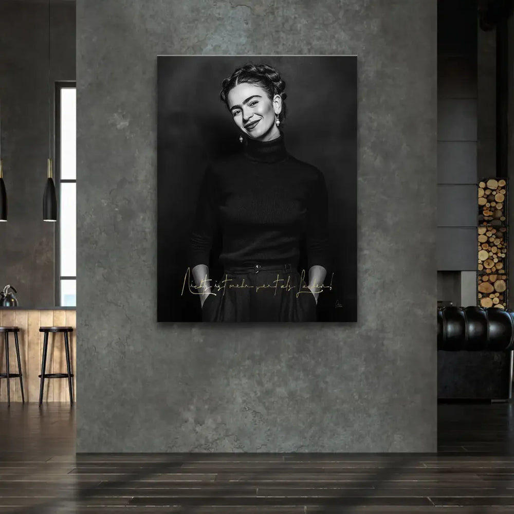 Frida Kahlo portrait with braided hair and unibrow in monochrome