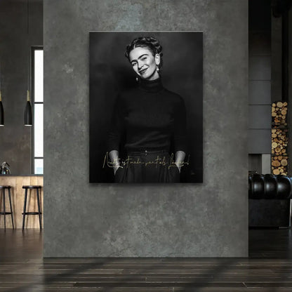 Frida Kahlo portrait with braided hair and unibrow in monochrome