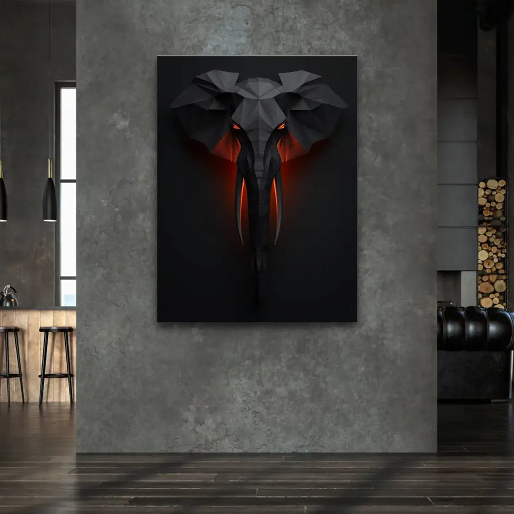 Charcoal and black abstract elephant head art with symmetry for modern interior