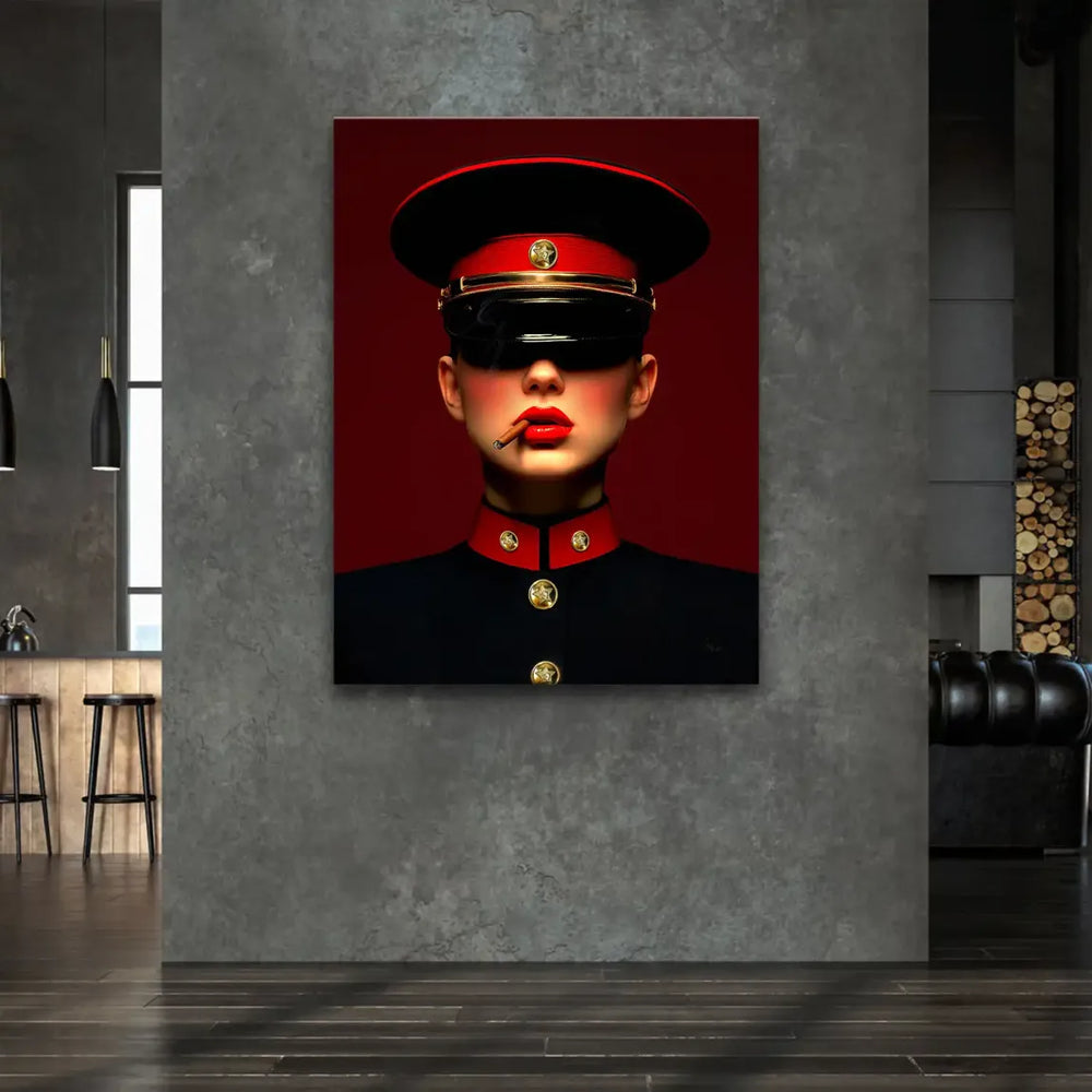 Woman wearing a peaked cap and red lipstick holding a lit cigar in a bold, modern pop art style