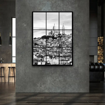 Monochrome Paris cityscape highlighting iconic basilica atop Montmartre hill in grayscale