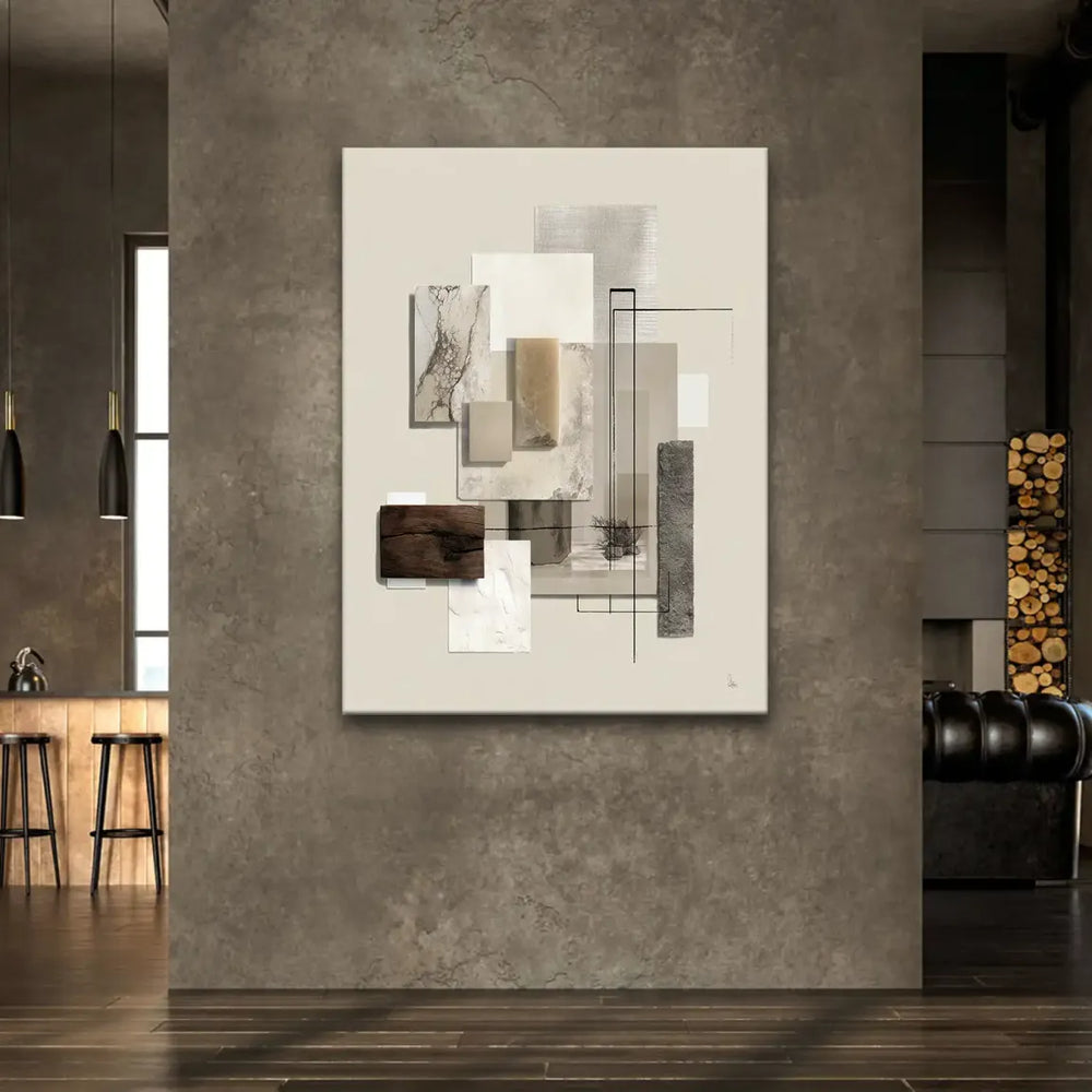 Delicate black lines traverse a geometric abstract pattern on a neutral canvas