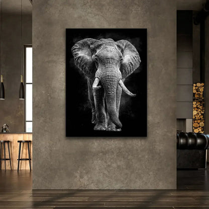Minimalist wildlife art: black elephant on a stark black-and-white canvas