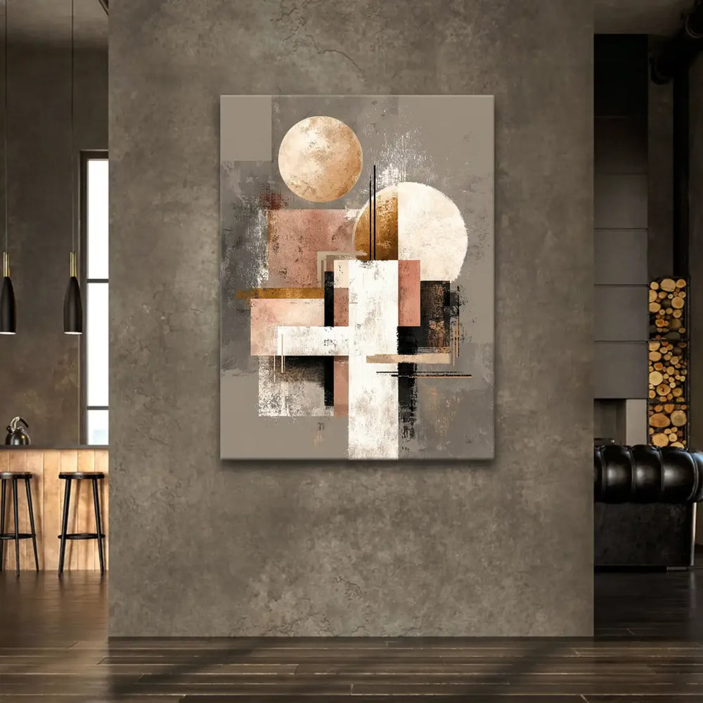 Abstract canvas painting featuring gold circles and overlapping geometric shapes