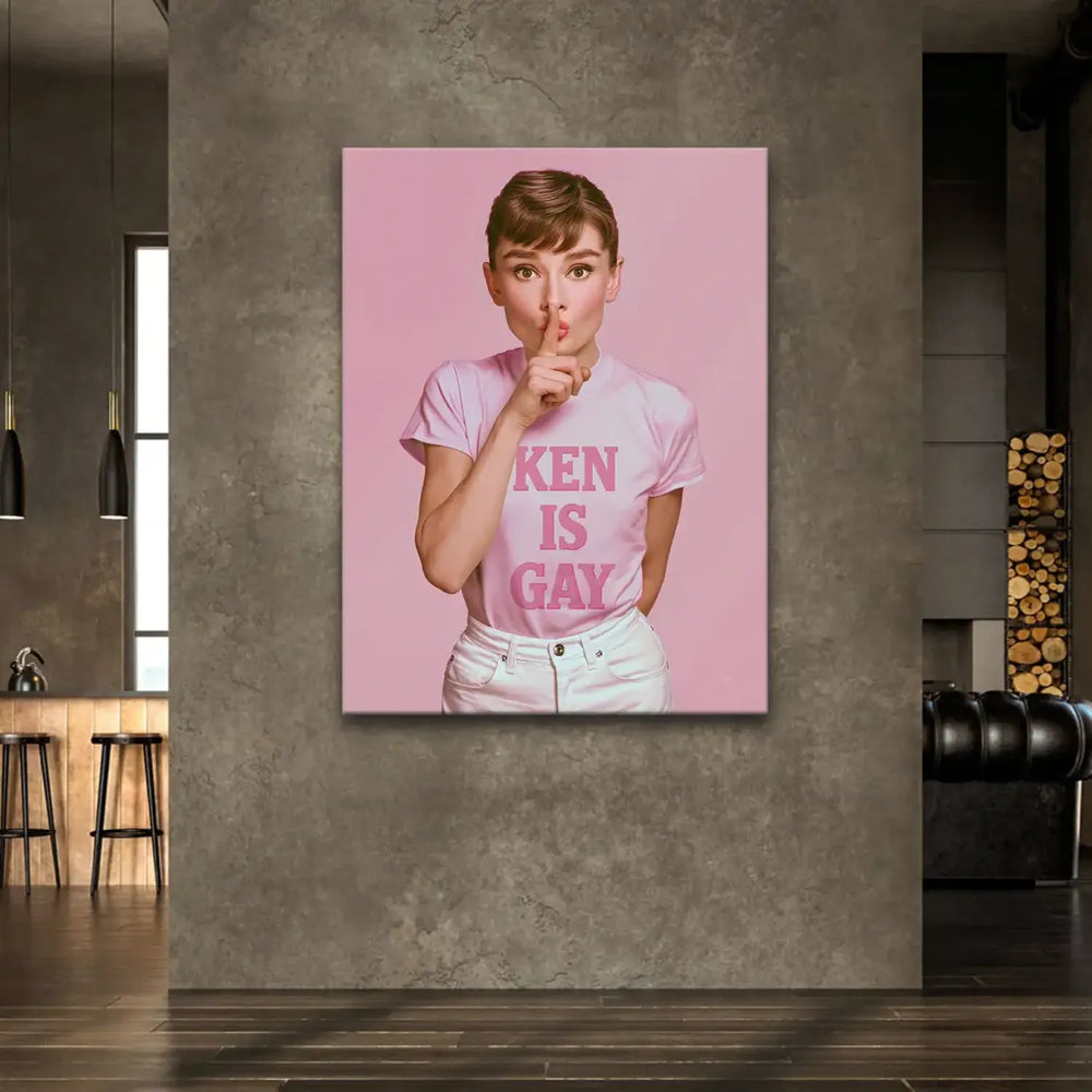 Centered pink canvas wall art blending classic icon with bold text KEN IS GAY