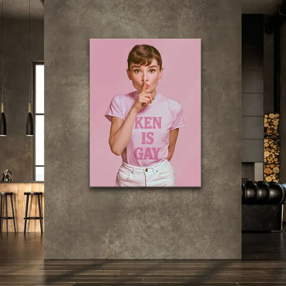Centered pink canvas wall art blending classic icon with bold text KEN IS GAY