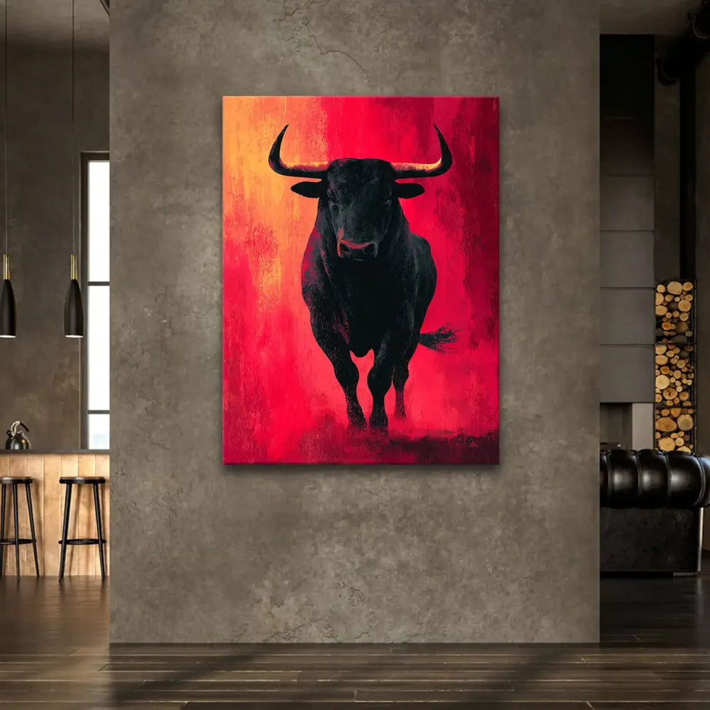 Modern animal wall art featuring a bull in red hues for industrial interiors