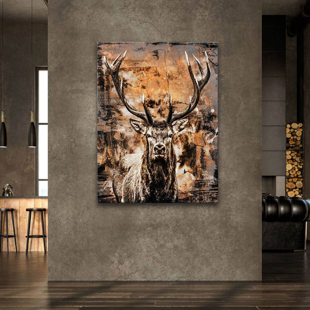 Industrial-inspired abstract deer wall art for contemporary loft or living room.