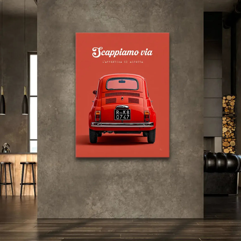 Minimalist canvas art featuring a red Fiat 500 and bold white script