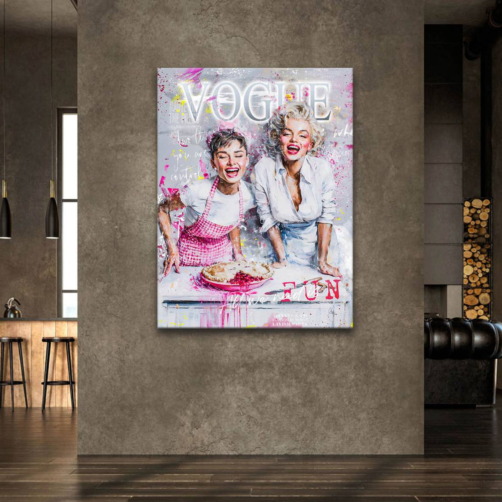 A mix of detailed painting and graffiti splatters creating energetic pop art.