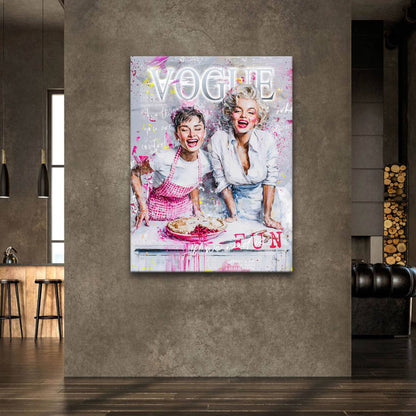 A mix of detailed painting and graffiti splatters creating energetic pop art.
