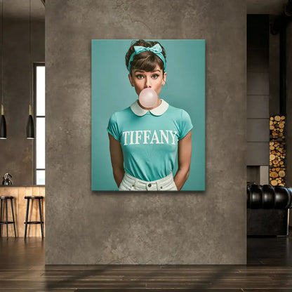 Pop art-inspired canvas featuring a fashion-forward figure with Tiffany blue backdrop and bubblegum
