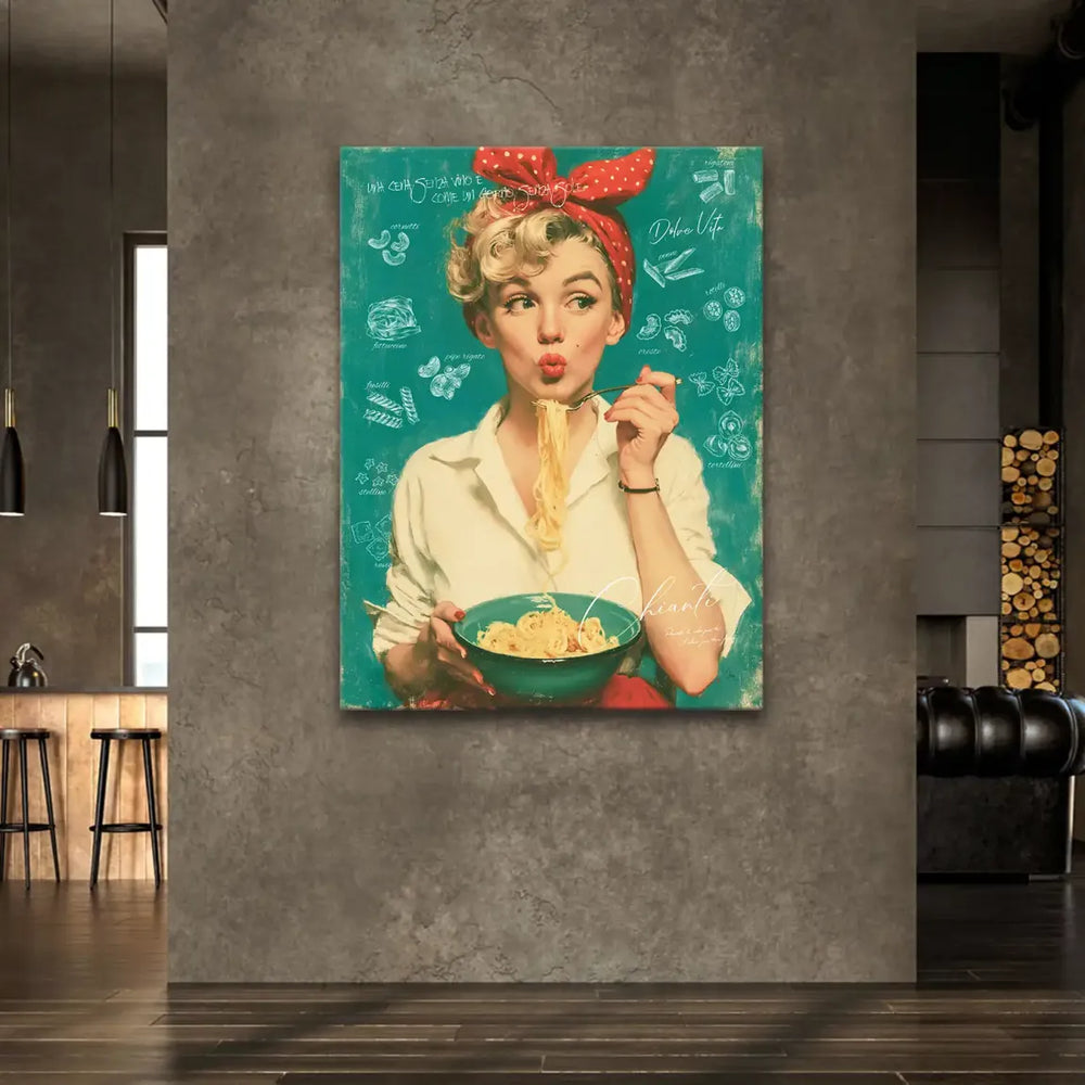 Painterly mid-century wall art with Italian phrases translated as 'A dinner without wine is like a day without sun'.