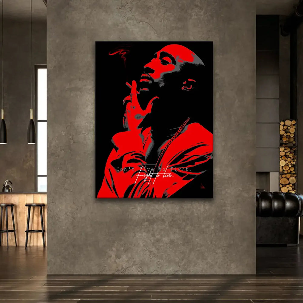 High-contrast Tupac Shakur wall art in red hues for urban decor