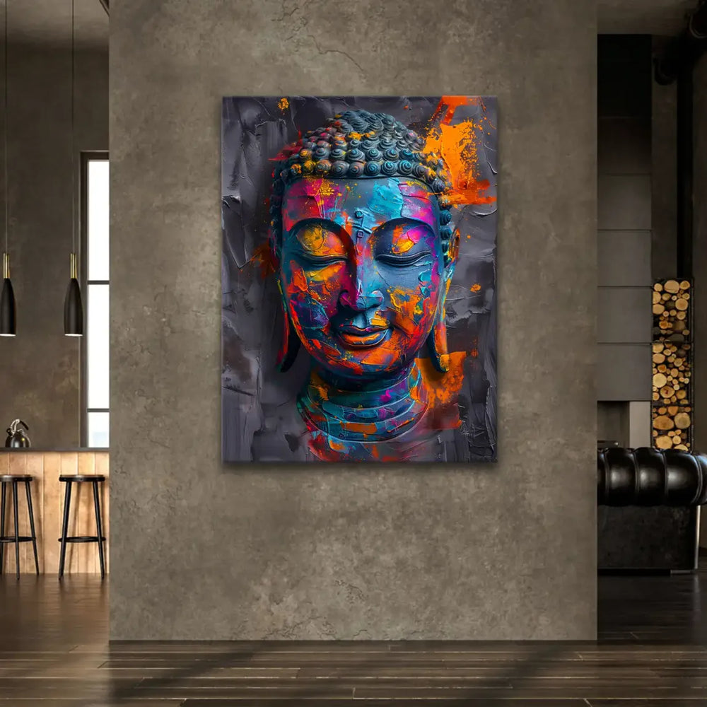 Modern wall art featuring a meditative Buddha head surrounded by bright color splashes.