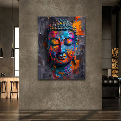 Modern wall art featuring a meditative Buddha head surrounded by bright color splashes.