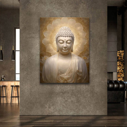 White Buddha centered on a warm golden background with lotus petals.