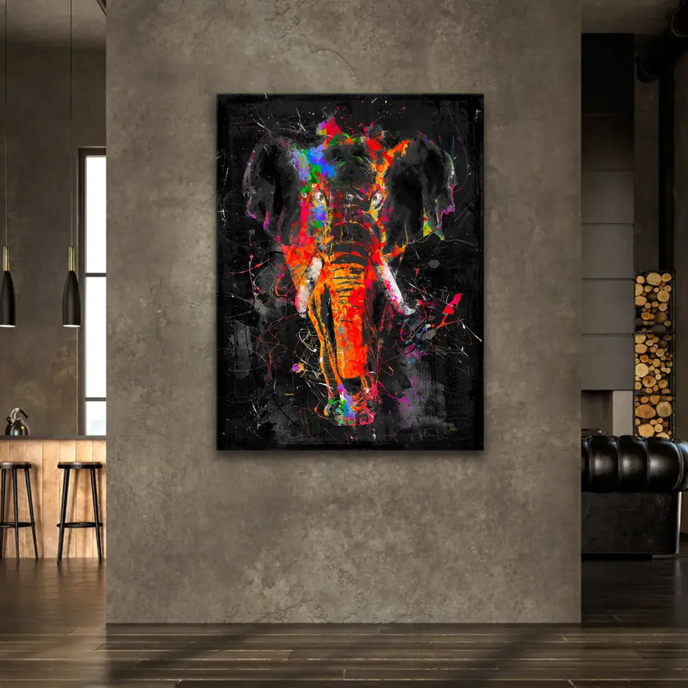 Abstract neon-splashed elephant wall art against a moody black backdrop.